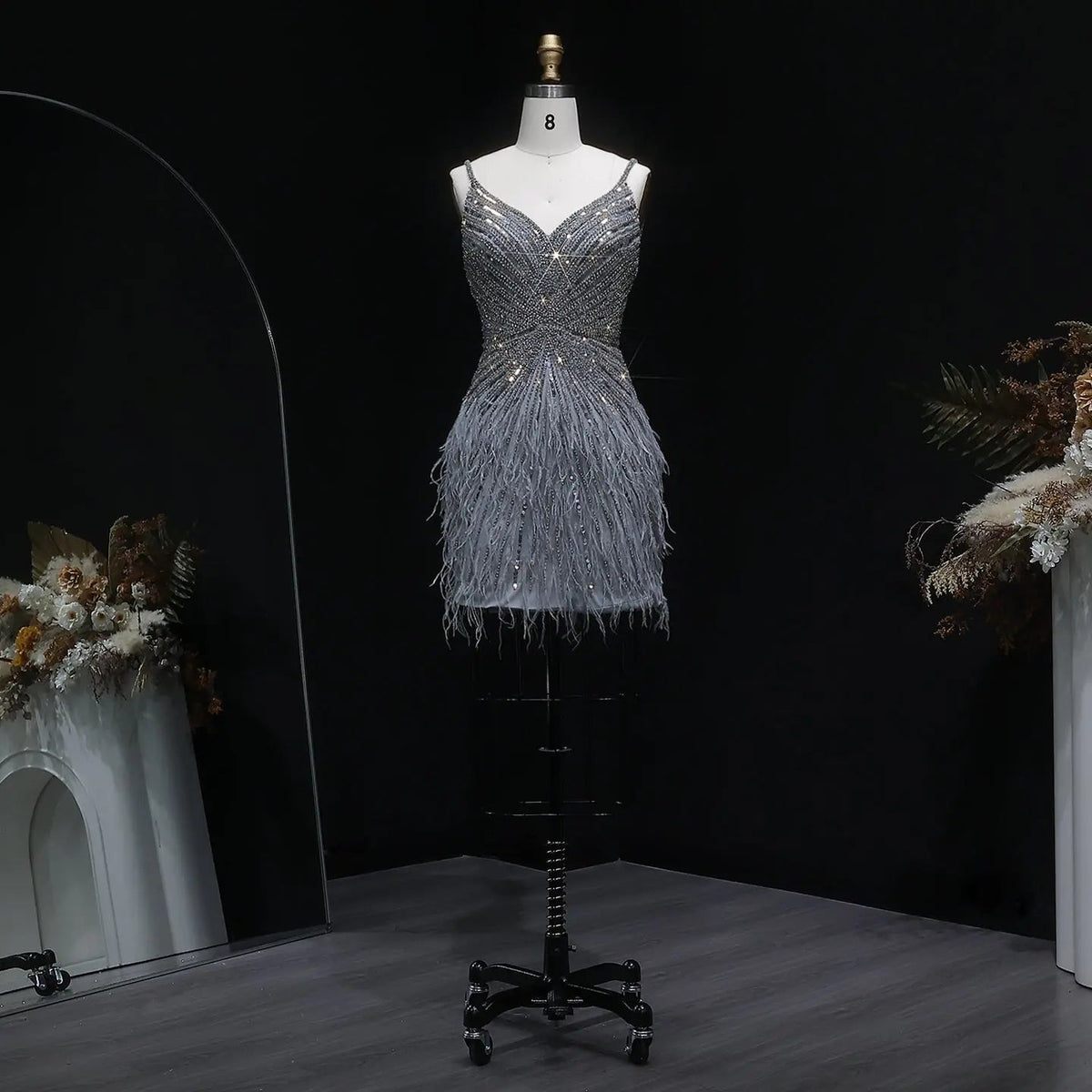 Sparkly Sequin Feather Mini Cocktail Dress Sweetheart Spaghetti Strap Party Dress RM124 - Gray
