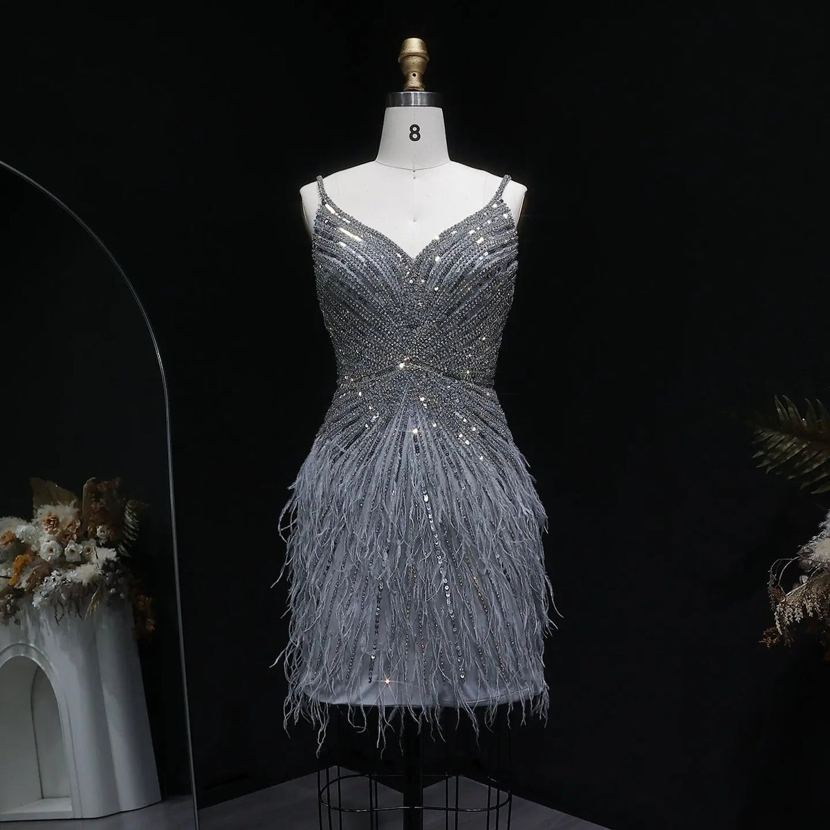Sparkly Sequin Feather Mini Cocktail Dress Sweetheart Spaghetti Strap Party Dress RM124 - Gray