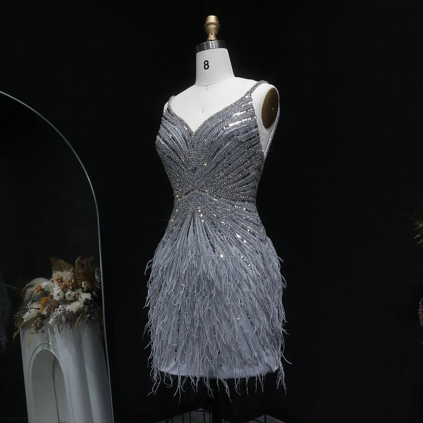 Sparkly Sequin Feather Mini Cocktail Dress Sweetheart Spaghetti Strap Party Dress RM124 - Gray