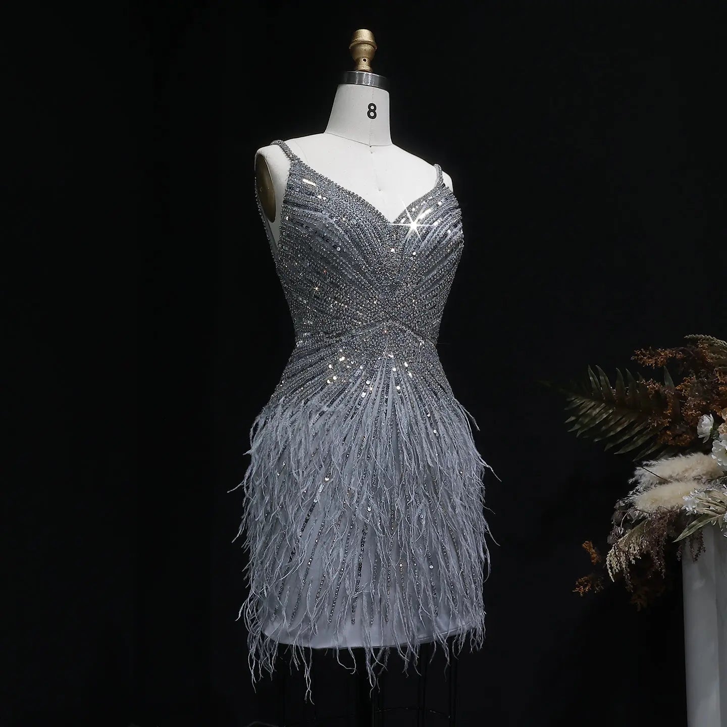 Sparkly Sequin Feather Mini Cocktail Dress Sweetheart Spaghetti Strap Party Dress RM124 - Gray