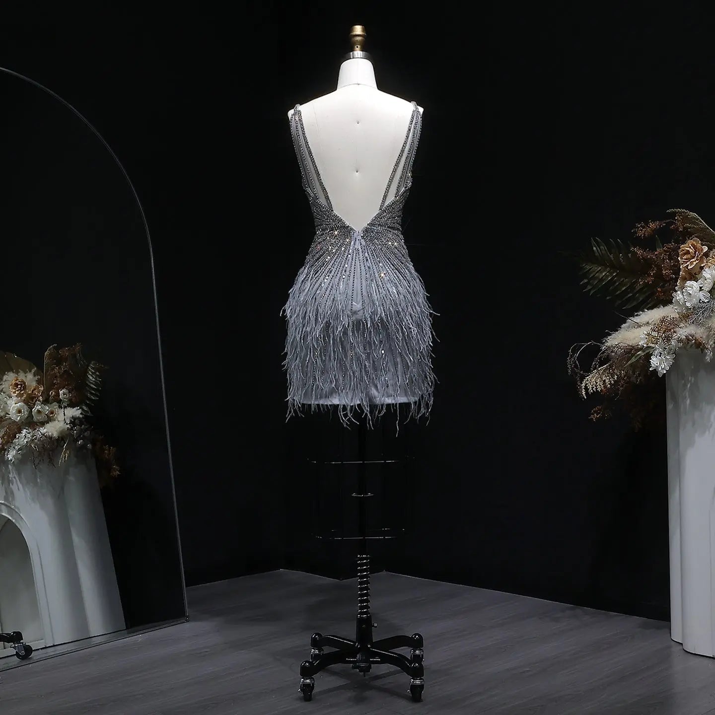 Sparkly Sequin Feather Mini Cocktail Dress Sweetheart Spaghetti Strap Party Dress RM124 - Gray
