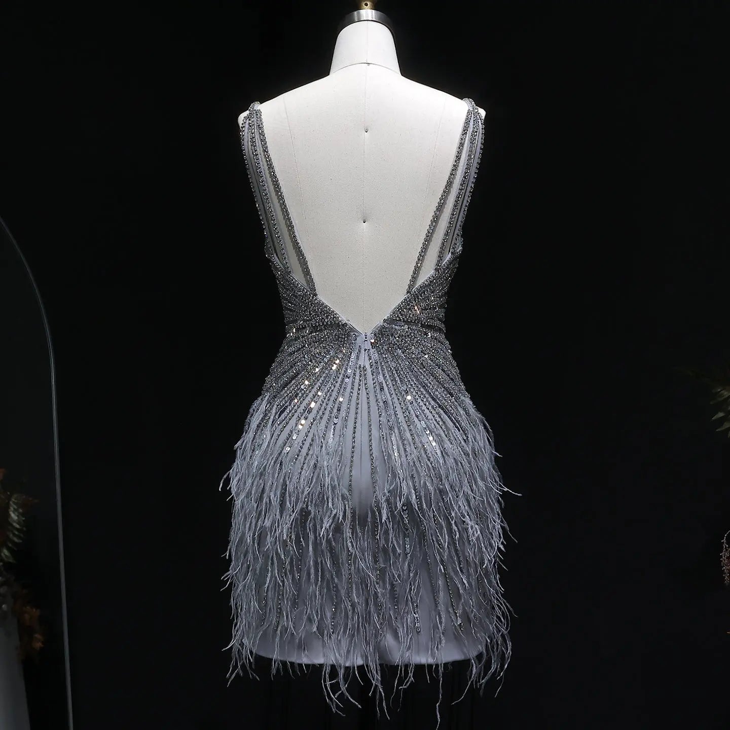 Sparkly Sequin Feather Mini Cocktail Dress Sweetheart Spaghetti Strap Party Dress RM124 - Gray