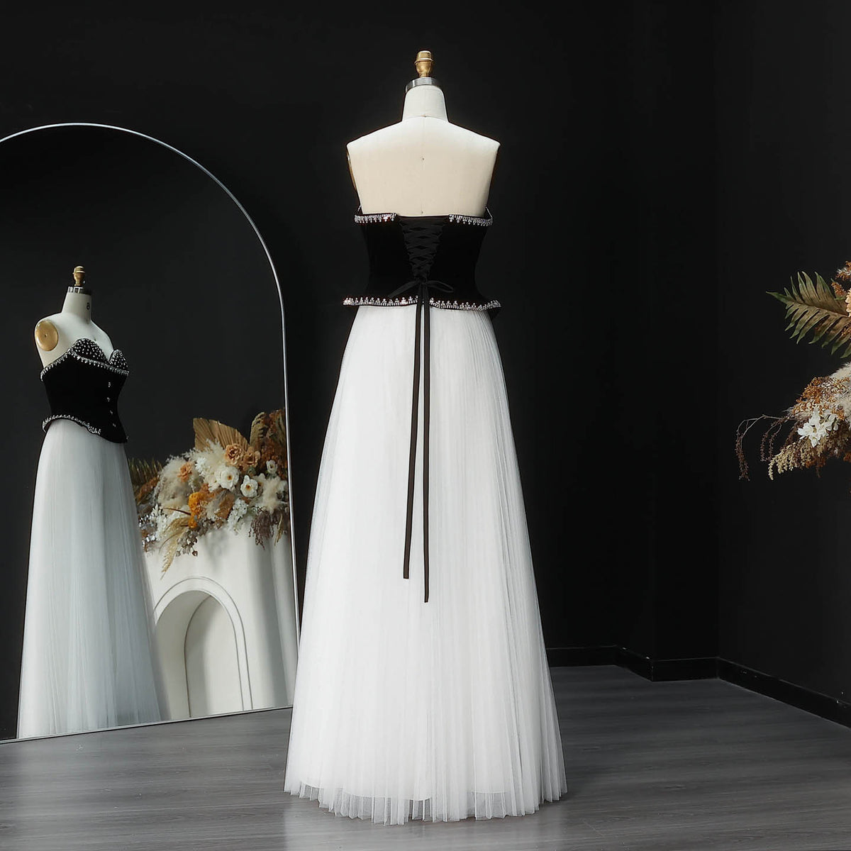 Glamorous Black White Strapless Beaded Corset High Slit Evening Dress SF508