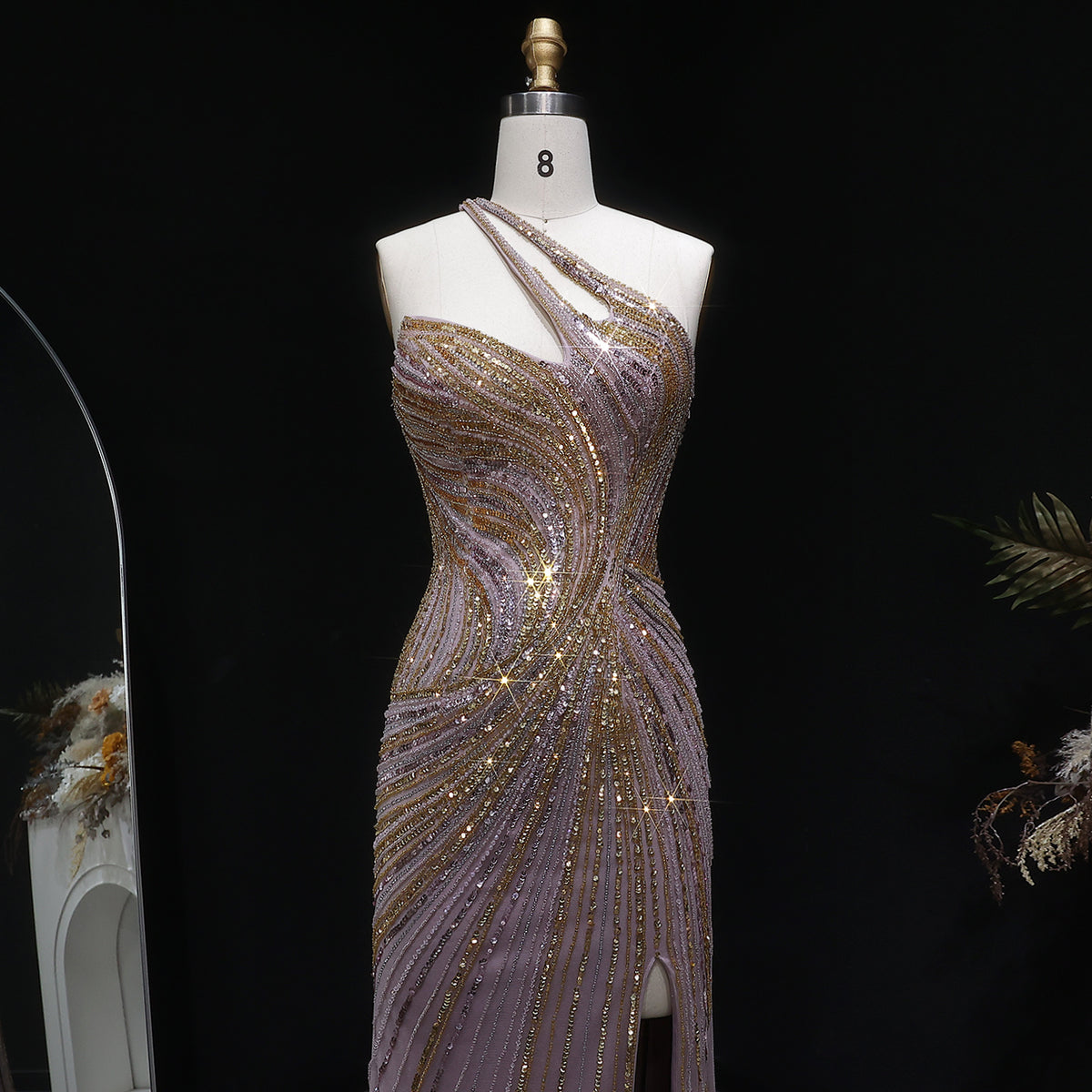 Elegant Gold Crystal Beaded High Slit Mermaid Evening Dress SS153