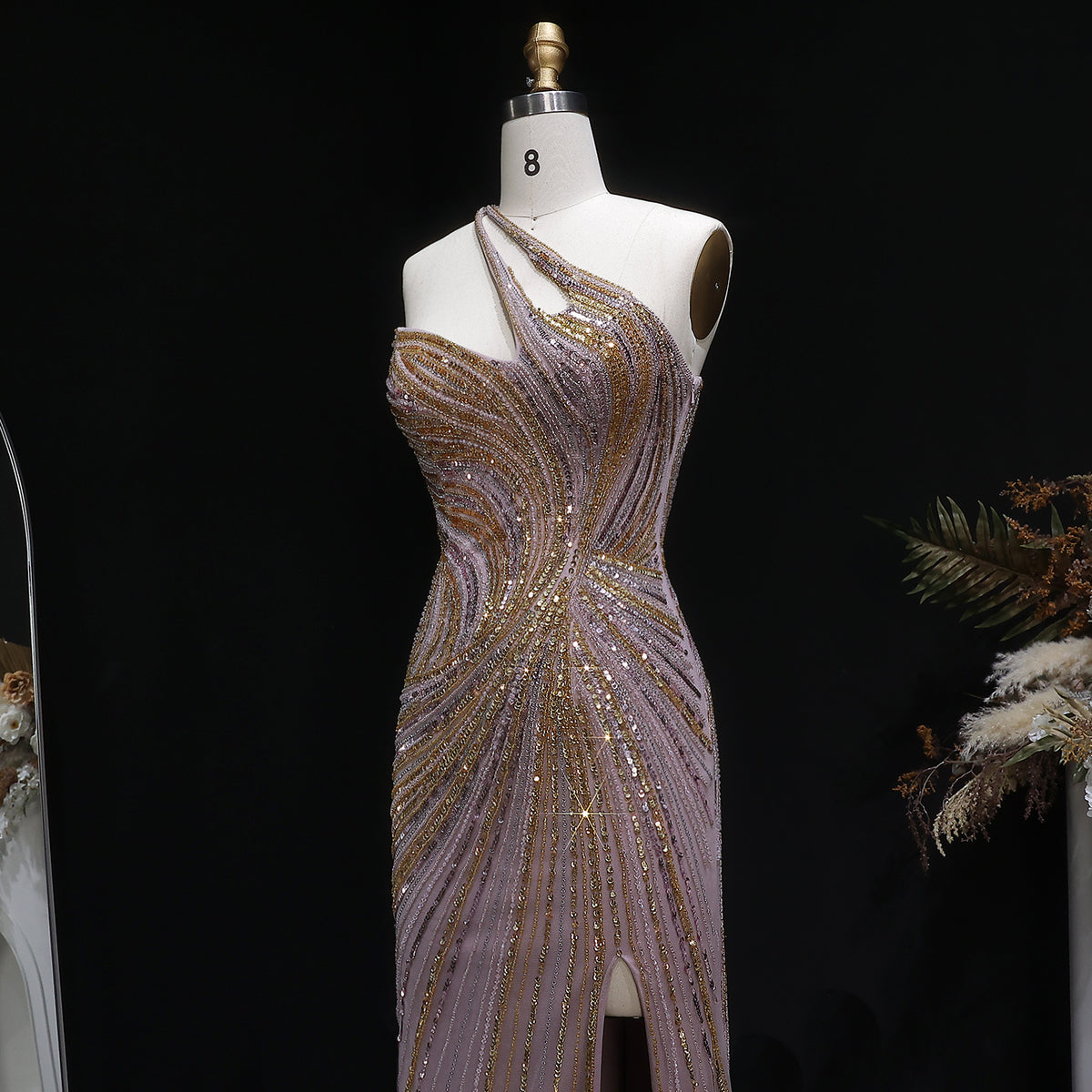 Elegant Gold Crystal Beaded High Slit Mermaid Evening Dress SS153