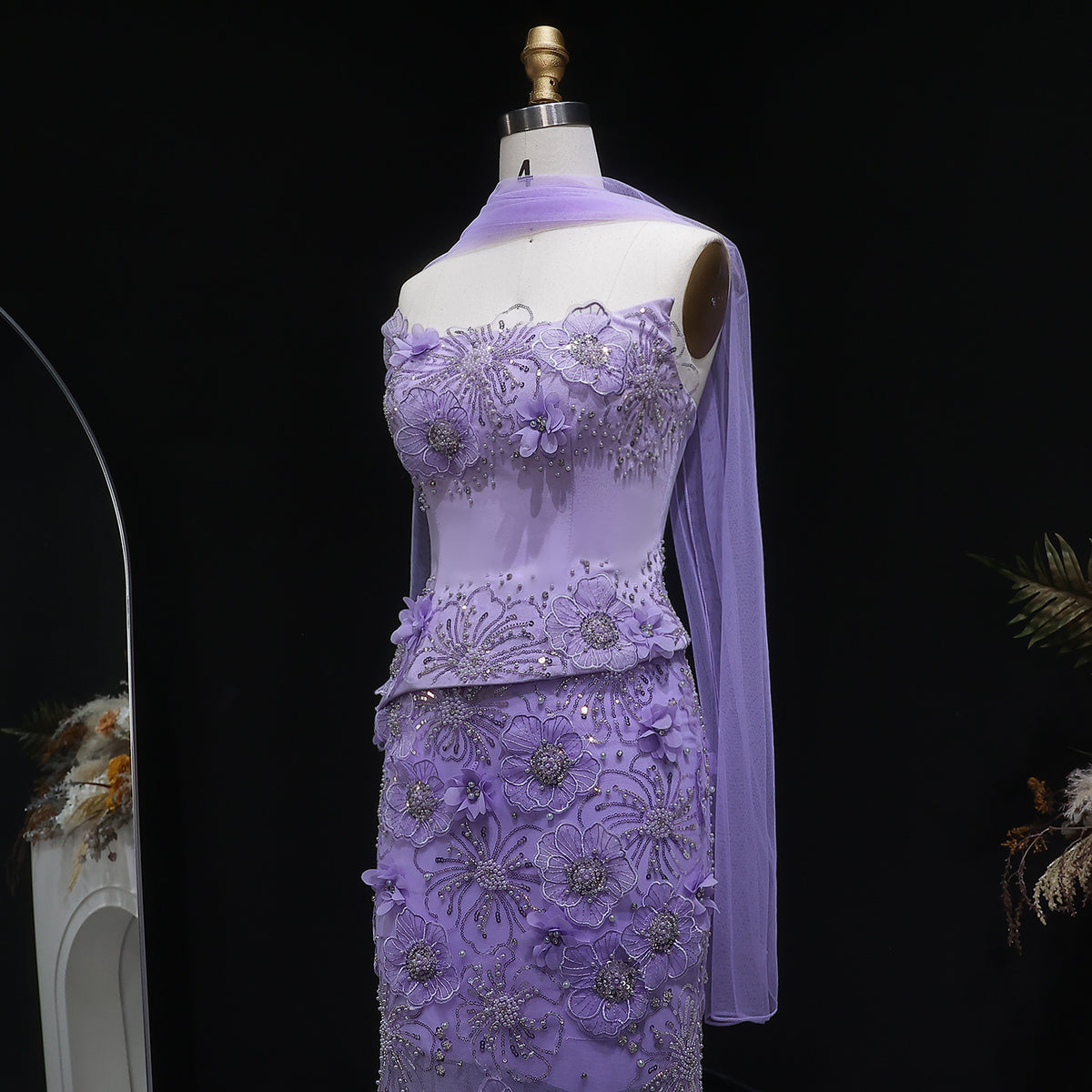 Luxury Lilac 3D Floral Applique Evening Dress with Sheer Tulle and Scarf SS415