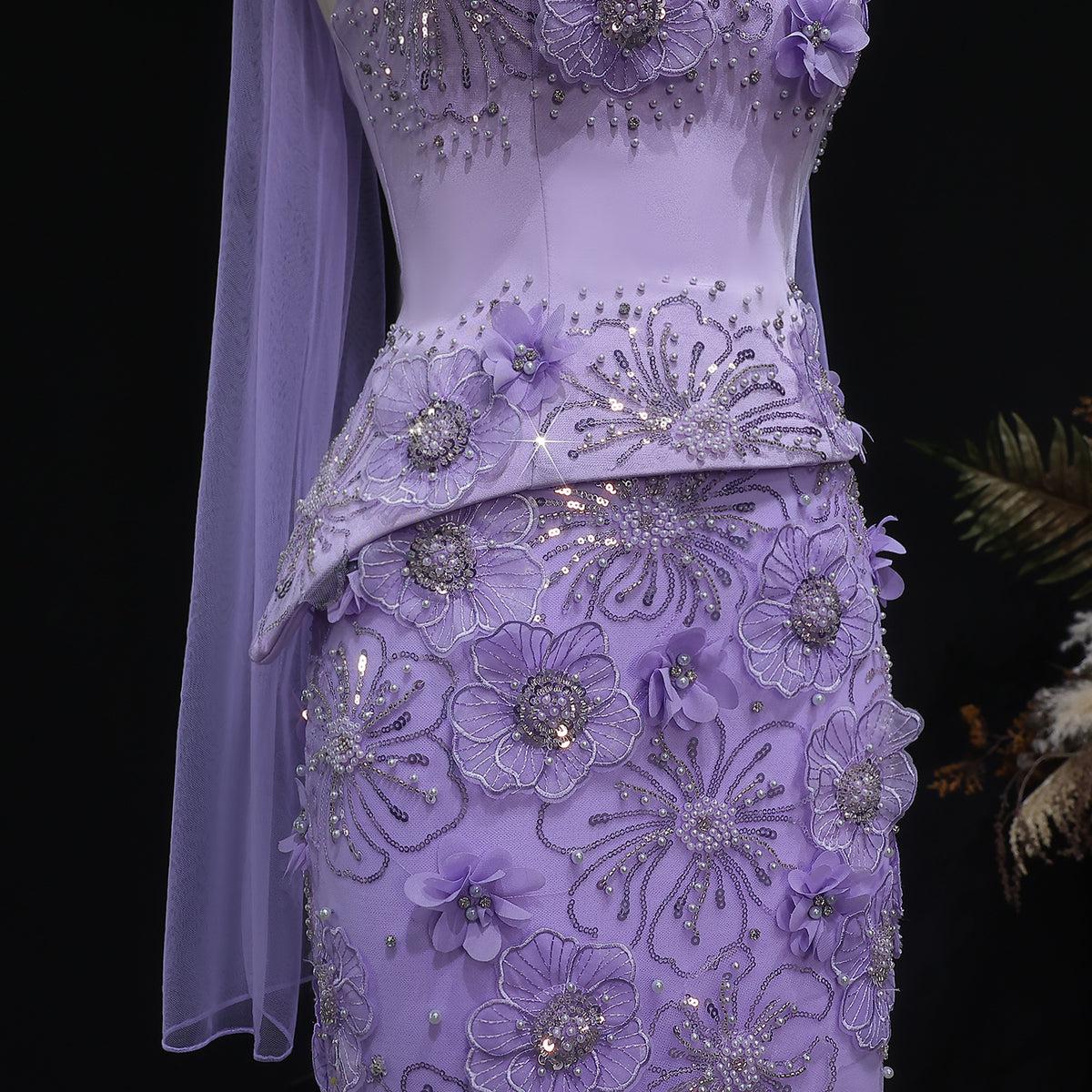 Luxury Lilac 3D Floral Applique Evening Dress with Sheer Tulle and Scarf SS415
