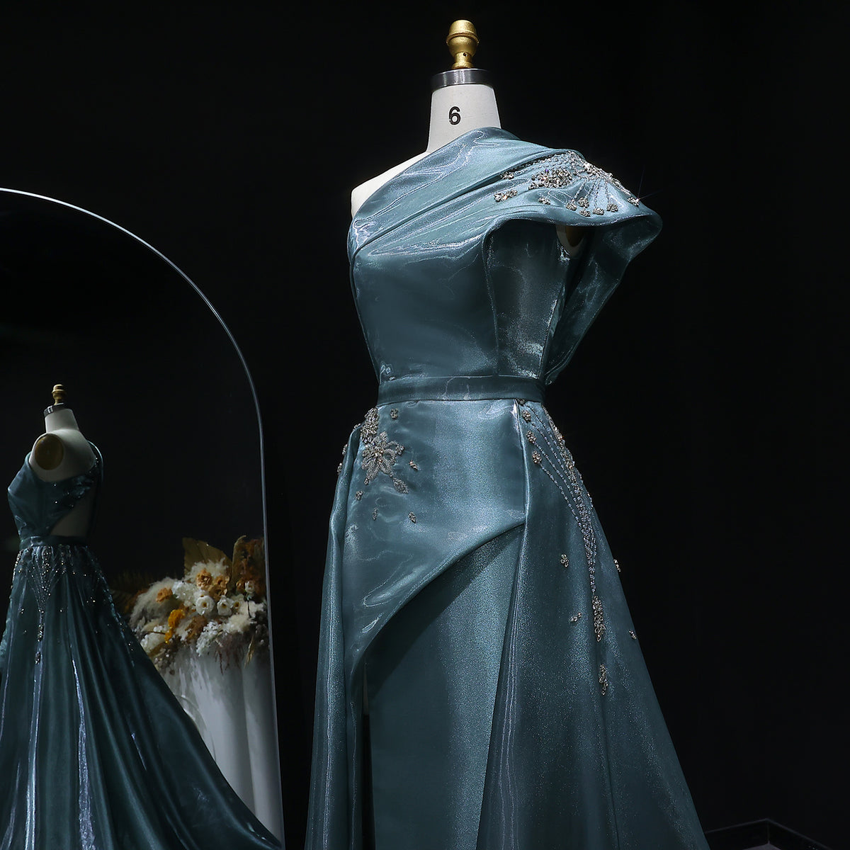 Luxury Turquoise Crystal One-Shoulder Evening Dress with Overskirt SS600
