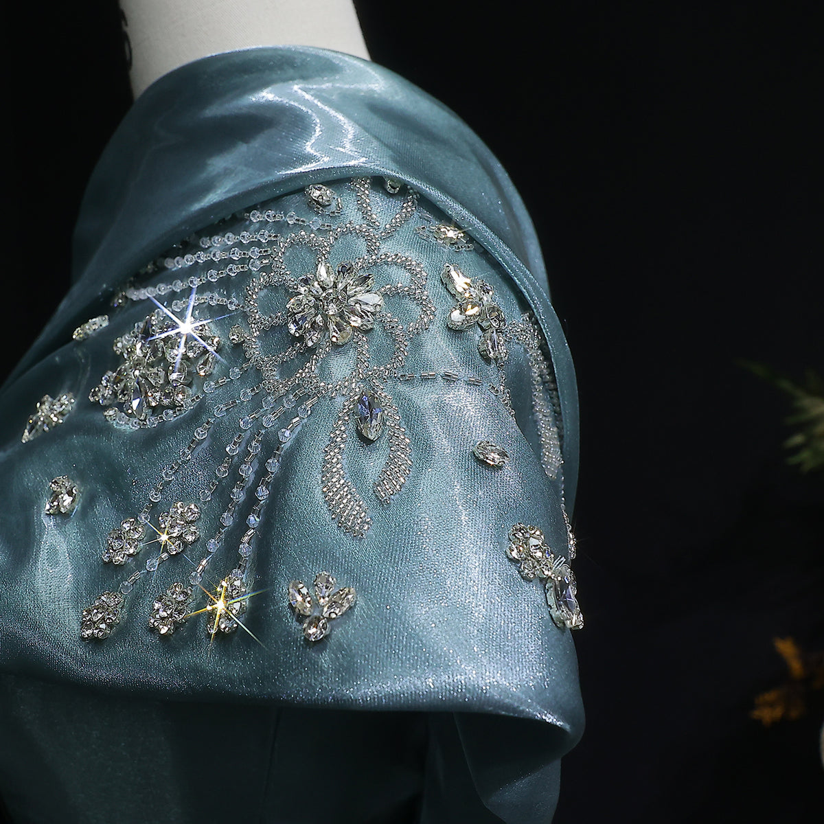 Luxury Turquoise Crystal One-Shoulder Evening Dress with Overskirt SS600