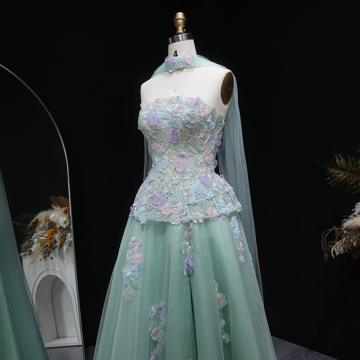 Elegant Sage Green Floral Applique Evening Dress with Scarf SS755