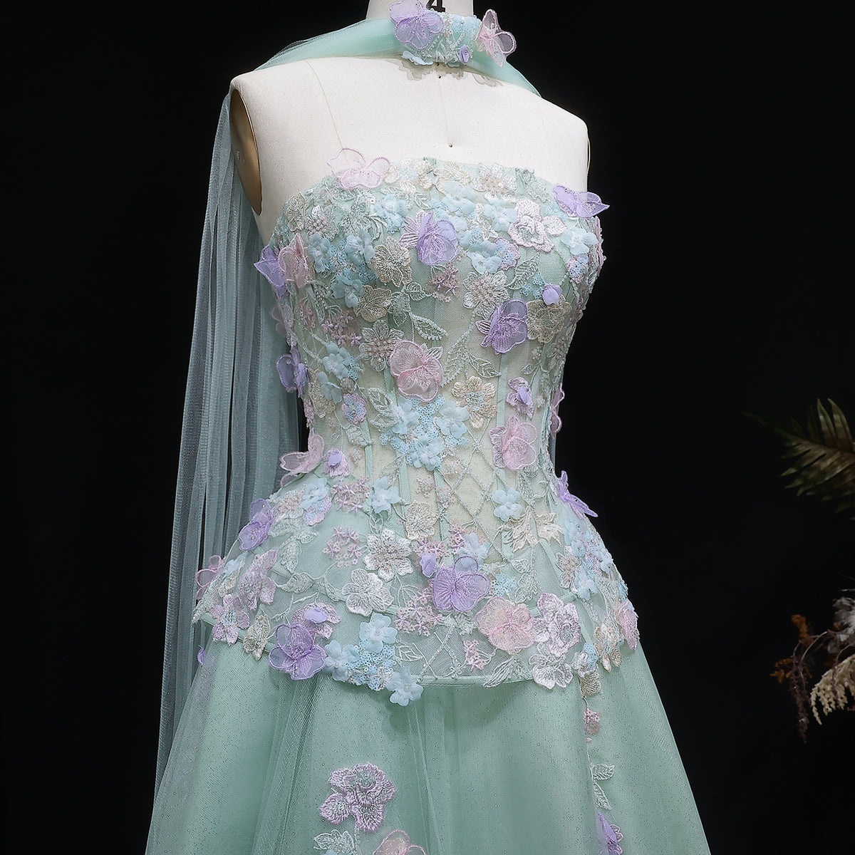Elegant Sage Green Floral Applique Evening Dress with Scarf SS755
