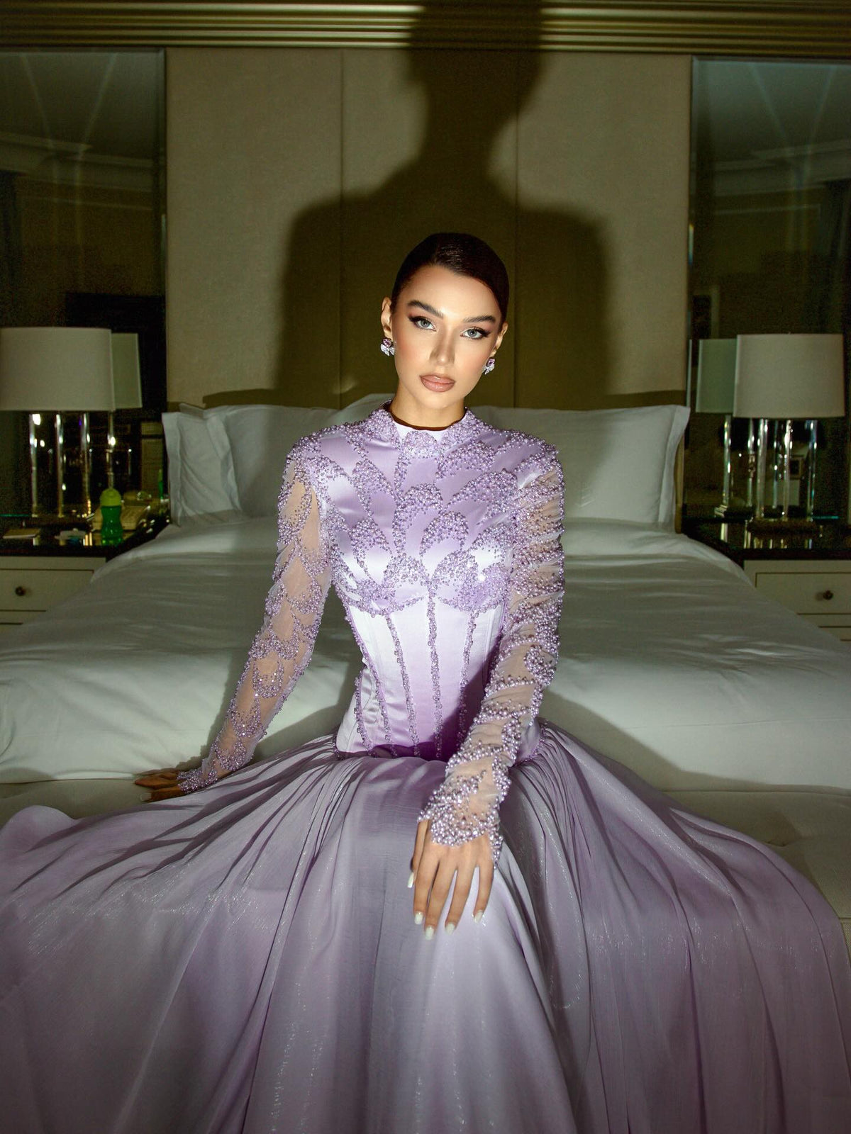 Luxury Lilac High Neck Beaded Long Sleeve Corset Evening Dress SS786