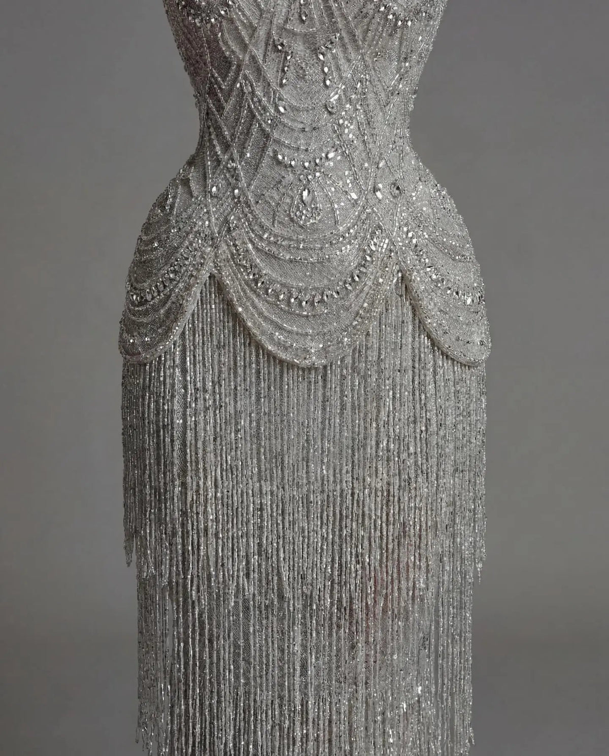 Gray Strapless Beaded Evening Dress with Floor Length Fringe Skirt SS255