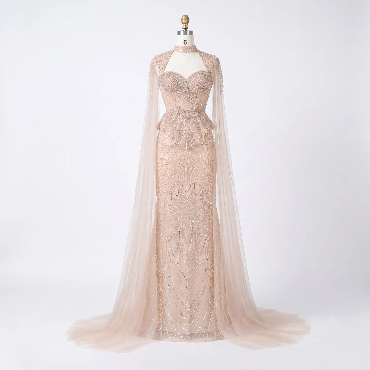 Champagne Beaded Sequined Mermaid Evening Gown With Cape SS018