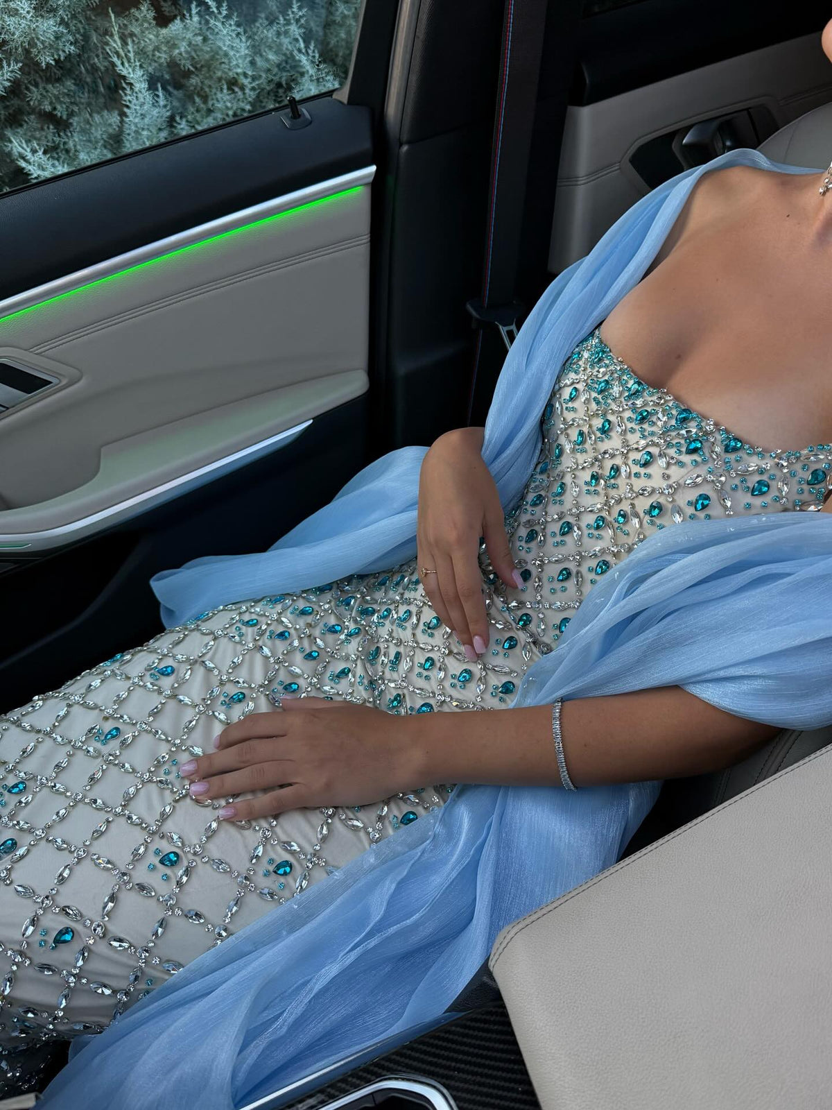 Glamorous Blue Mermaid Beaded Evening Dress with Cape Sleeve and Choker SS506