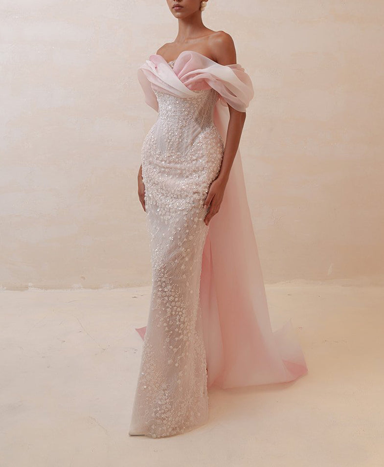 Elegant Blush Pink Draped Sequin Off-the-Shoulder Evening Dress SS519