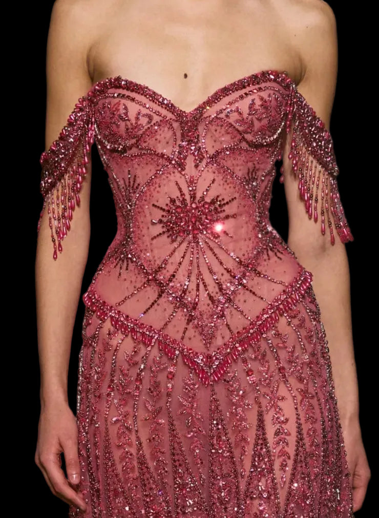 Elegant Fuchsia Beaded Tassel Off Shoulder Evening Dress SS516